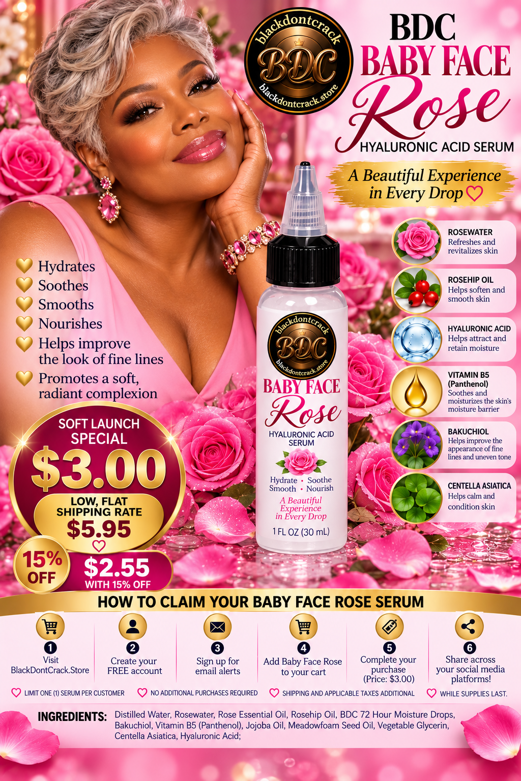 BDC BABY FACE ROSE HYALURONIC ACID SERUM - FLAT RATE SHIPPING
