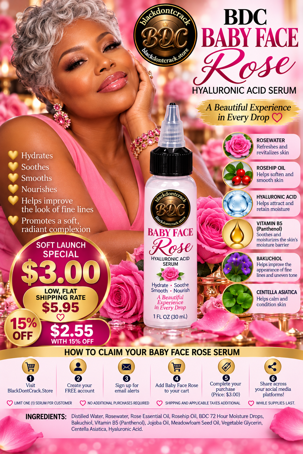 BDC BABY FACE ROSE HYALURONIC ACID SERUM - FLAT RATE SHIPPING